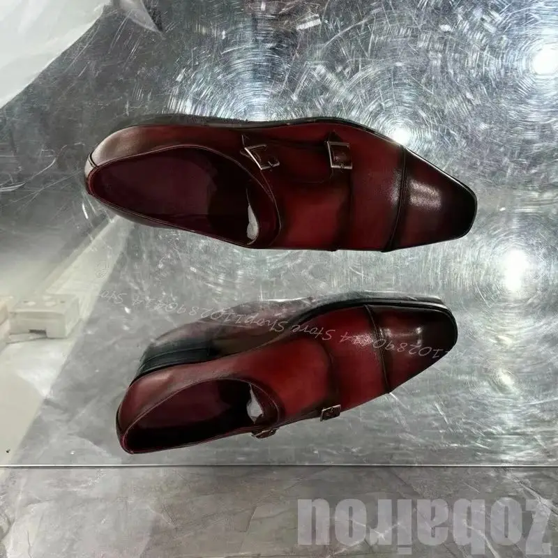

Burgandy Sewing Design Buckle Decor Double Monk Loafers Fashion Slip On Men Shoes Luxury Handmade Party Office Men Dress Shoes