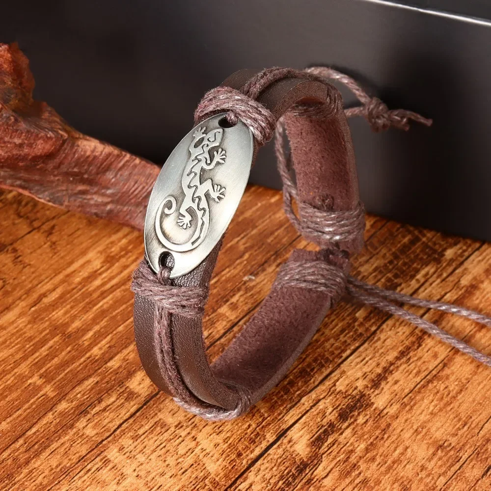

Vintage Multi-Layer Leather Woven Animal Gecko Bracelet Adjustable Charm Men's Bracelet Fashion Jewelry Accessory Gift