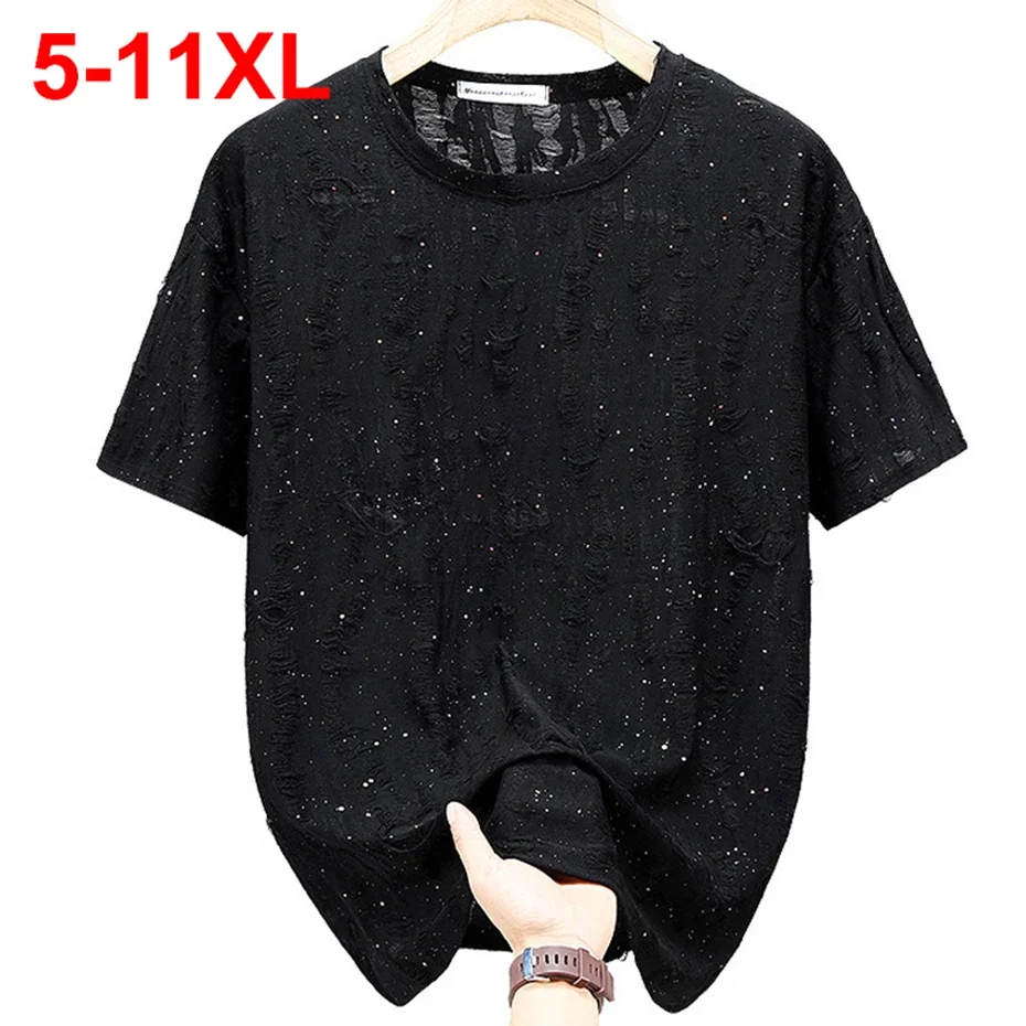 

11XL Plus Size Men T-shirts Summer Fashion Rhinestone Tee Tops Black Gray Short Sleeve Crew Neck T Shirts Big Size 10XL 9XL