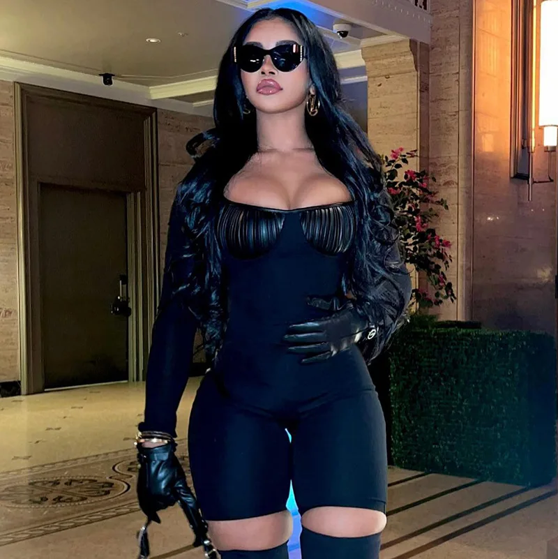 Leather Black Jumpsuit Romper Patchwork Women 2022 Fashion Bodysuits One Piece Sexy Nightclub Bodycon Long Sleeve Jumpsuits