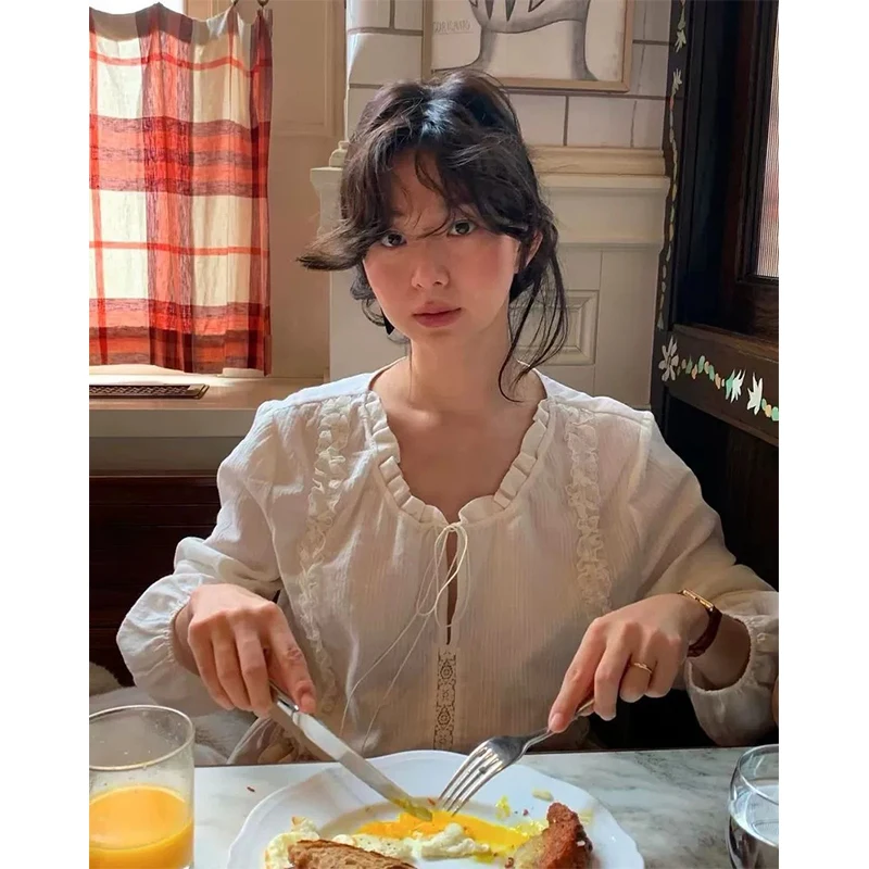 

Sweet Lace Bowtie irt Women's Straight Cut Long Sve Floral Design Pure Color Selfwill Brand Spring 2025 Collection