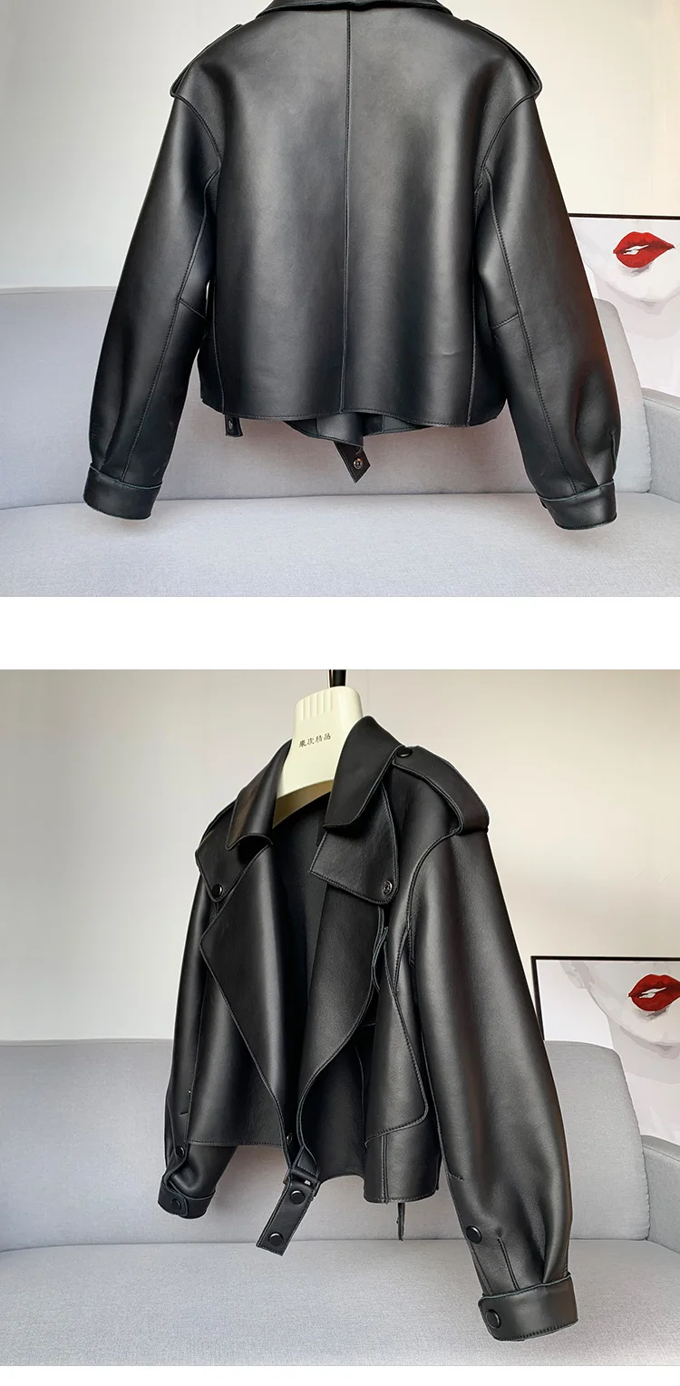 Genuine Sheepskin Leather Biker Jacket - Womens Winter Spring Coat
