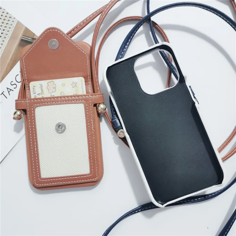 Luxury Card Holder Cross Grain Leather Lanyard Hard Girl Case For Iphone 15 14 11 12 13 Pro Max 7 8 Plus Xr X Xs Se Cover Fundas