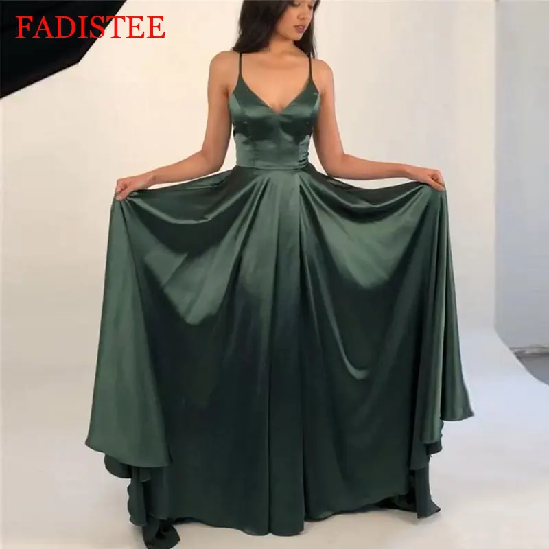 Simple Satin V-neck Spaghetti Straps Prom Dresses A-line Evening Dress Floor Length Formal Party Dress