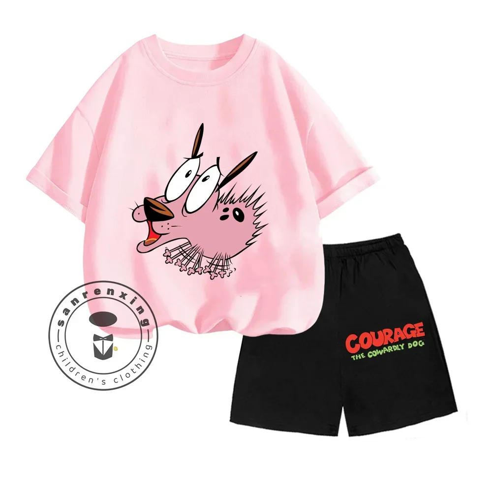 COURAGE The Cowardly Dog Animated Cartoon Print Design Soft Short Sleeve and Solid Color Cartoon Print Shorts Kids Two-piece Set