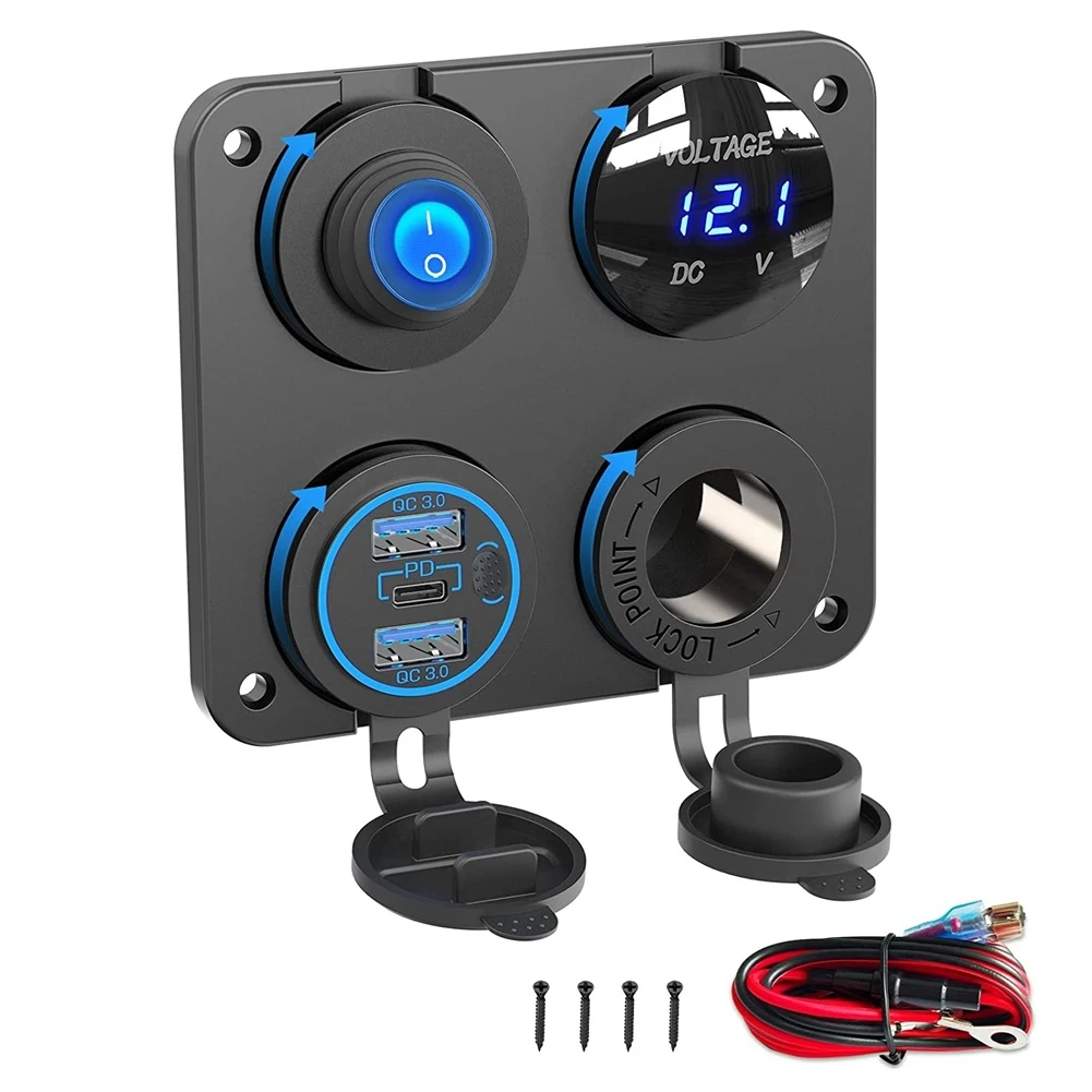 Marine Boat RV 12V Charger Socket Panel, 4 In 1 DC Power 12V Outlet Panel Multi USB Fast Charger with Toggle Switch