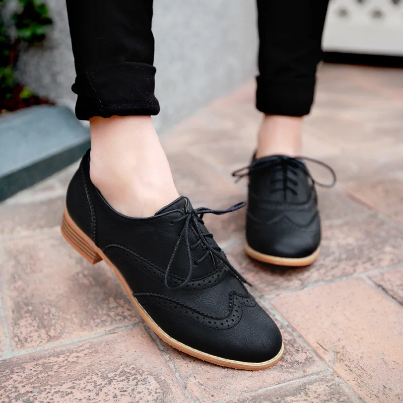 Round Toe Casual Woman Shoe Oxfords Female Footwear Leather Dress Rubber Solid Leisure Lace-Up Rome Flat PU Fabric Brogue