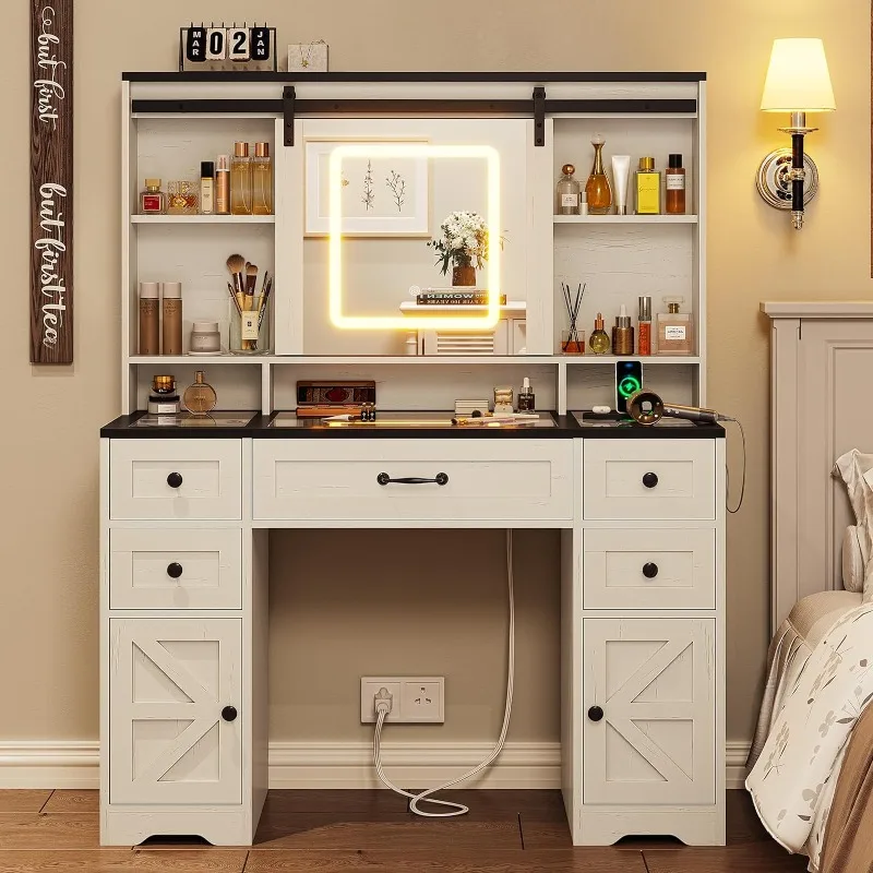 Farmhouse Vanity Desk with Sliding Mirror and Lights, Large Makeup Vanity with Glass Top & Charging Station, Vanity Table