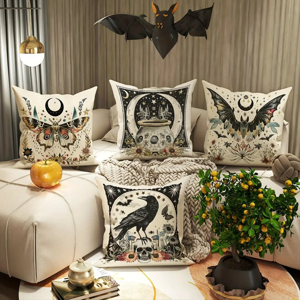 A08I Halloween Throw Pillow Covers 18x18 Inch Contemporary Gothic Decorative Pillowcases with Moth, Bat, Crow, Skull Designs