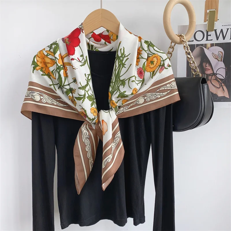 2024 Spain Fashion Garden Floral Square Silk Scarf Women High Quality Print Satin Shawls and Wraps Bufandas Muslim Hijab 90*90Cm