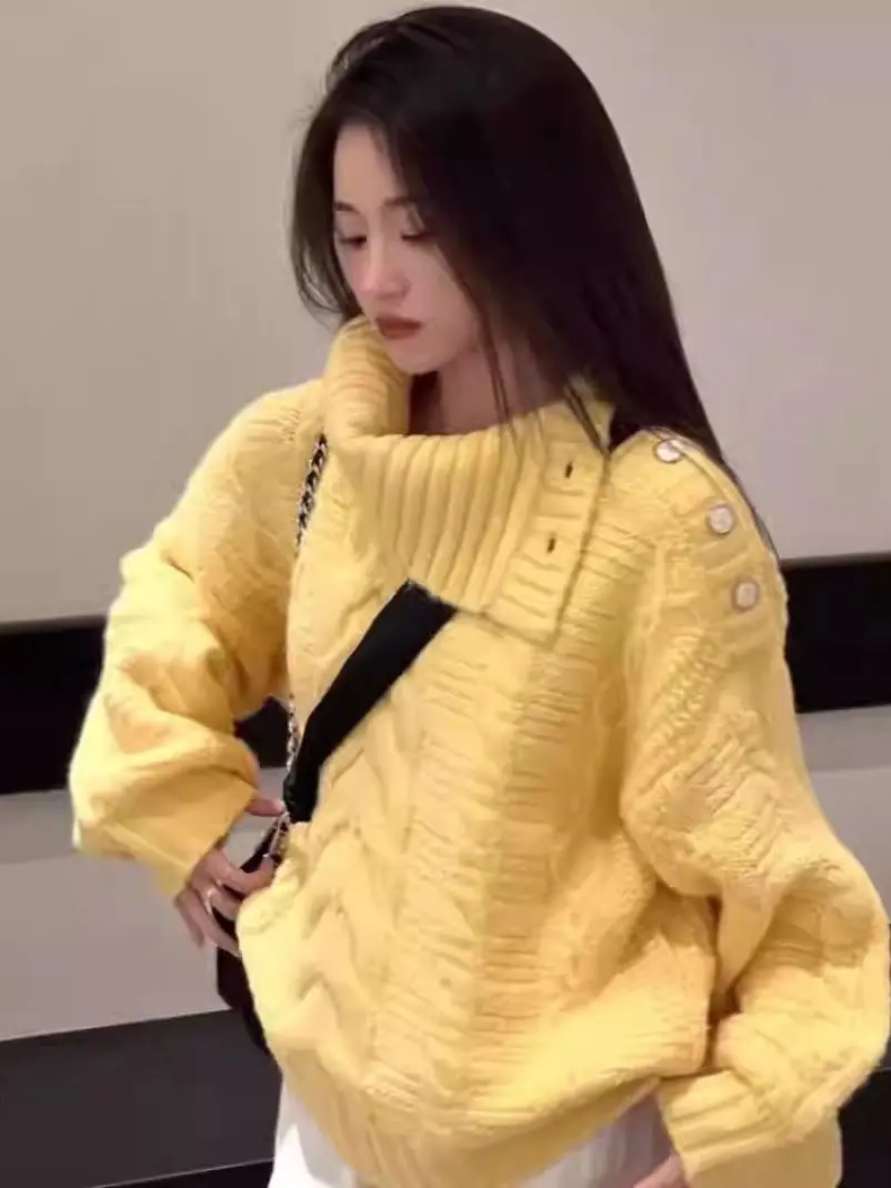 فضفاضة تناسب عالية Ne الأصفر تويست سترة المرأة محبوك الأعلى العصرية الخريف الشتاء جديد وصول مريحة لينة طويلة Sve