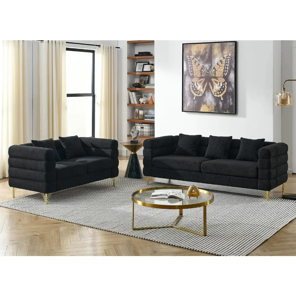 2 Piece Living Room Sofa Set, Comfy Boucle Couch with Loveseat and 3 Seater, Upholstered Sofa Couch with 2 Pillows