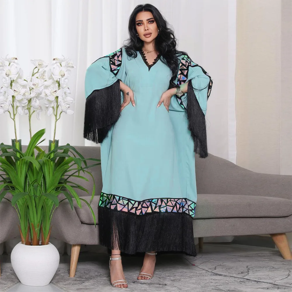 

Ramadan Long Dress Moroccan Caftan 2024 Women Spring Summer Big Swing Muslim High Waist Tassel Splice Tassel Evening Dress Gown