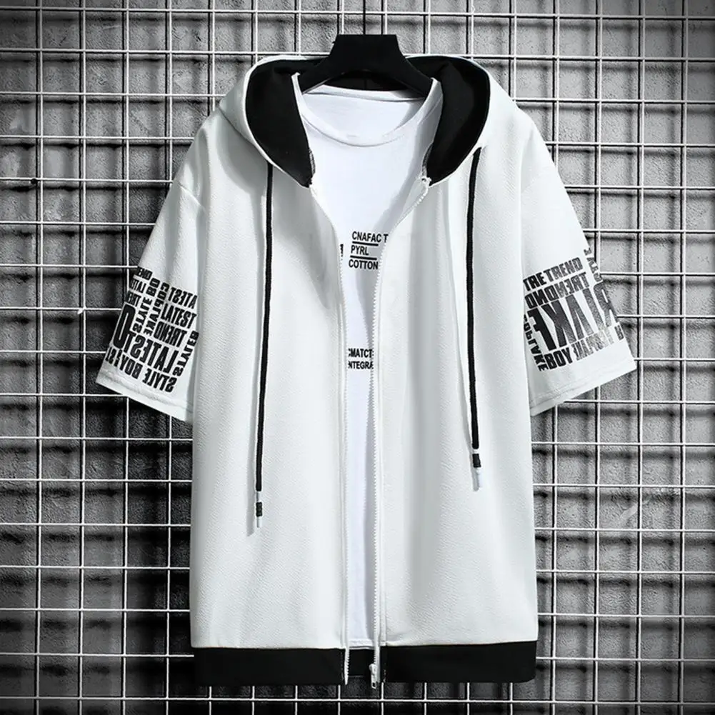 

Men Hooded Coat Summer Hooded Men Short Sleeve Coat Men Zipper Placket Jacket Male Casual Outerwear