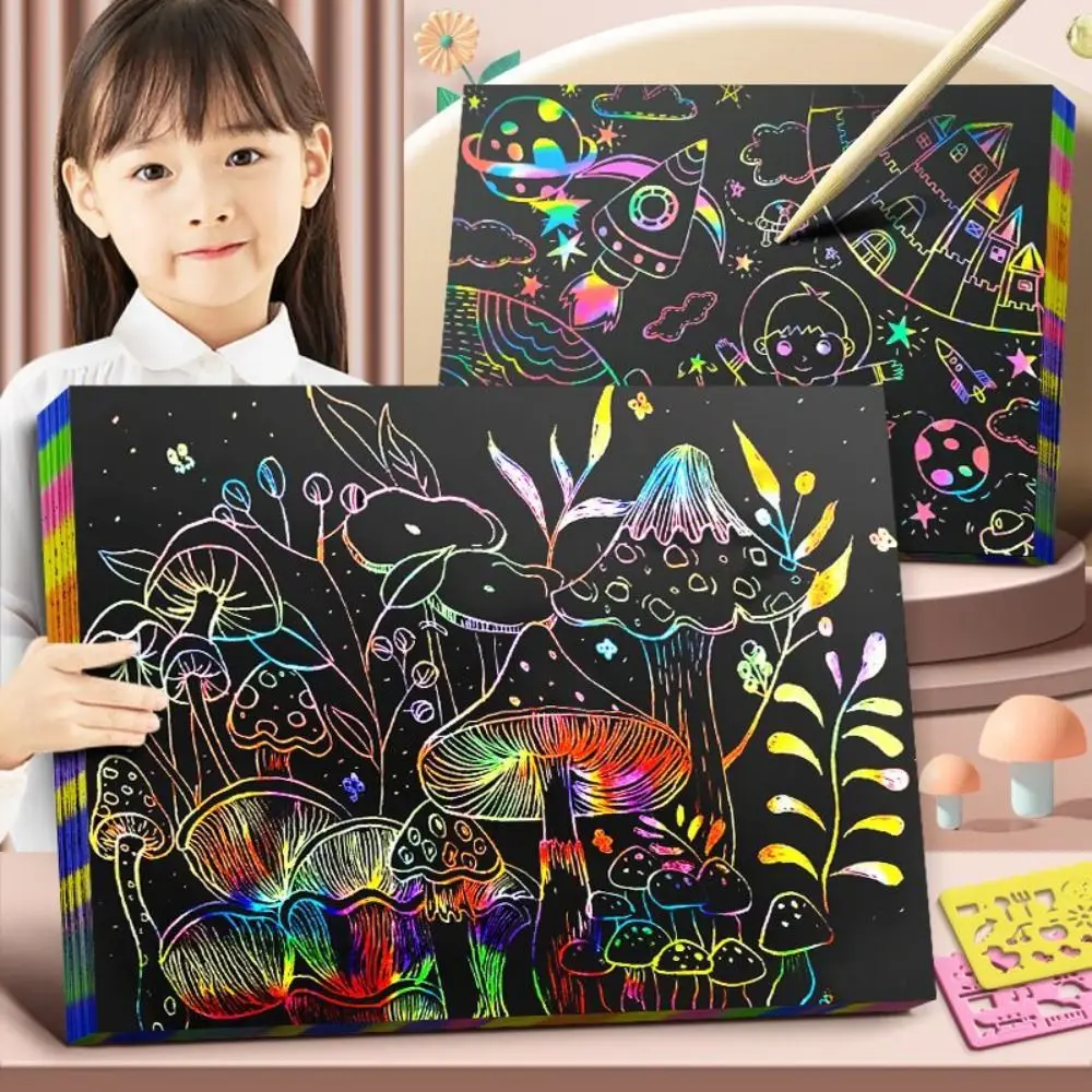 10PCS Rainbow สี Scratch Art กระดาษการ์ดชุดการศึกษา Graffiti ลายฉลุ Magic Scratch Card ชุดวาด Doodle