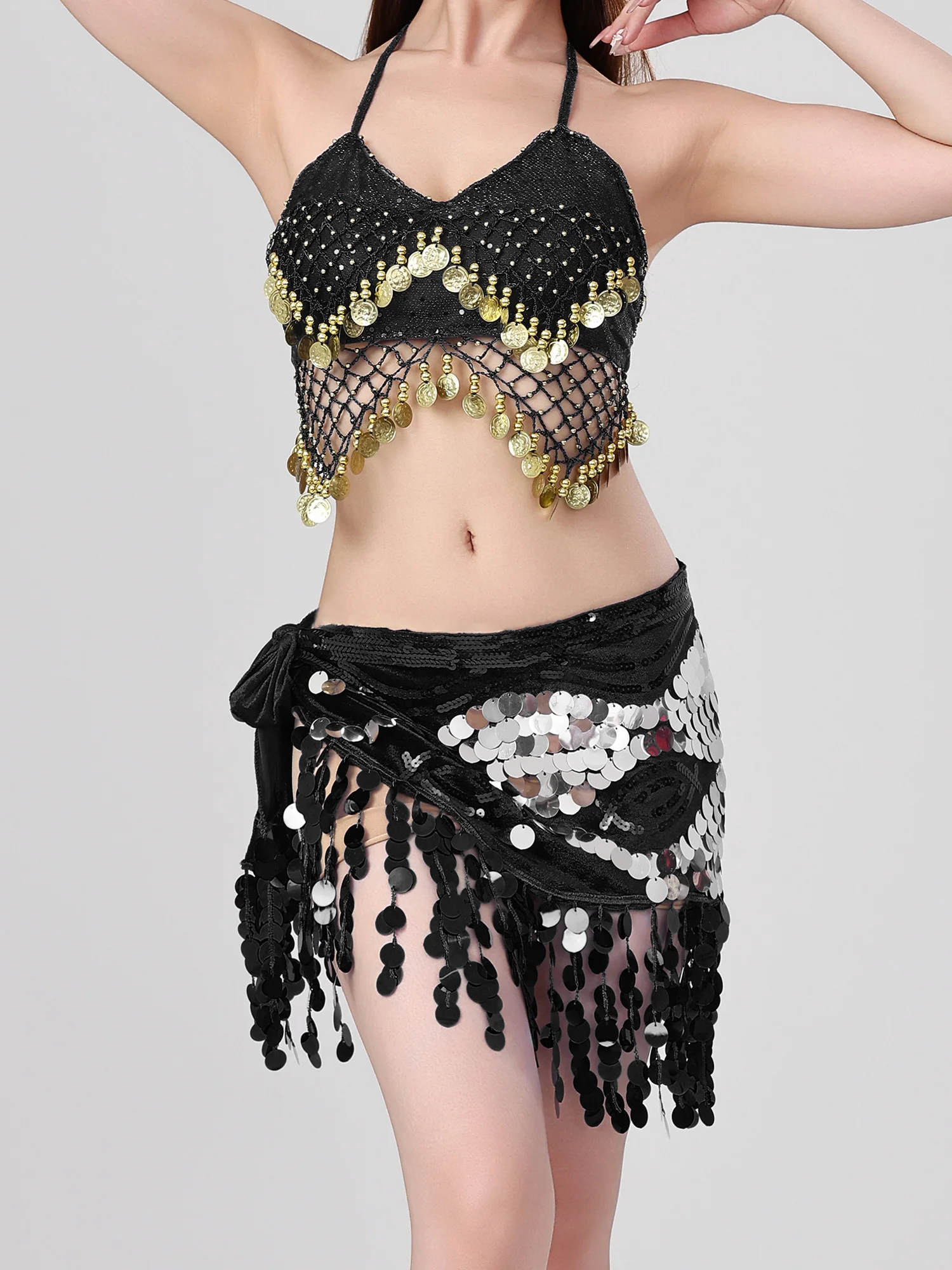 Women Sequin Glittery Belly Dance Costumes Tassel Lace-up Crop Top and Hip Scarf Waist Skirt 2-piece Set for Stage Dance Class