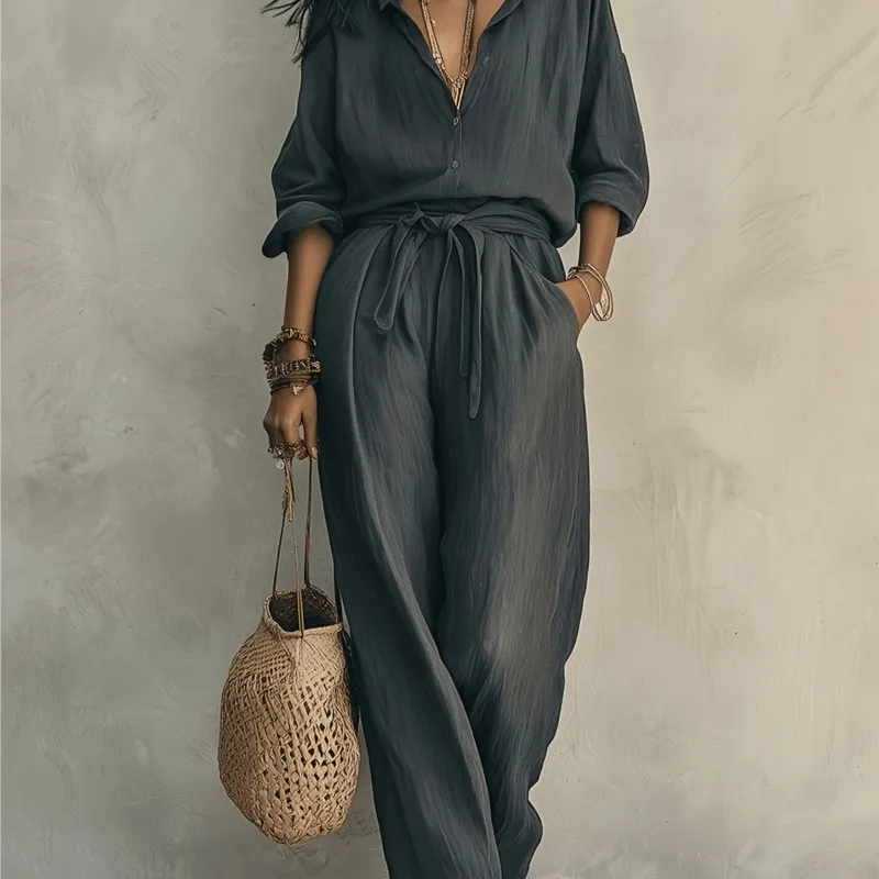 Autumn Lady Two Piece Pant Casual Women Trousers Sets Lapel Single Breasted Long Sleeve Loose Top Wide Leg Pant Set