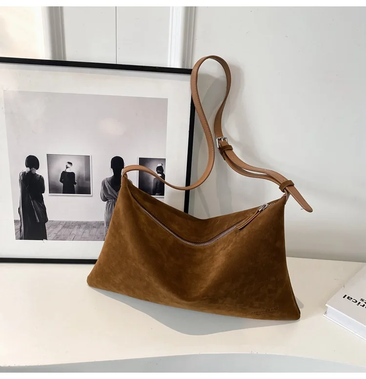 Vintage Suede Tote Bag For Women Autumn Winter New Large Capacity Commute Shoulder Crossbody Bags Fashion Trend Underarm Bags