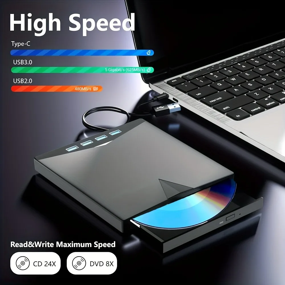 Внешний CD-DVD-привод 7-в-1 с 4 портами USB A и слотами для карт TF/SD для ноутбуков MacBook, настольных ПК, Windows 11/10/8/7 Linux Mac