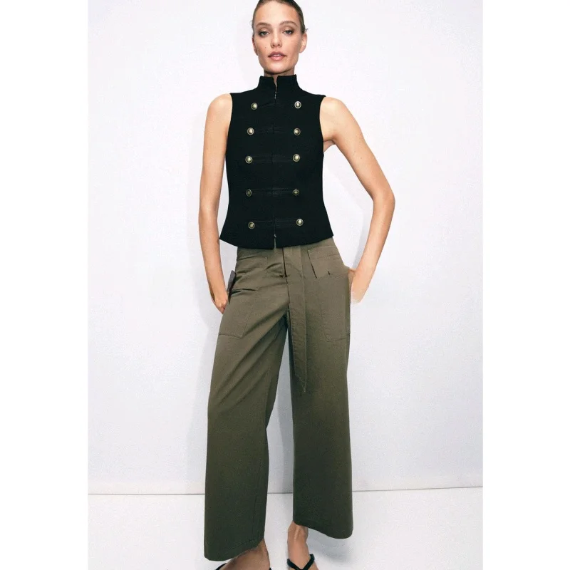 Spring New Women's Stand Collar Sleeveless Zipper Closure Rope Buckle Decorated Vest Top Polyester Fiber Short H-Shape
