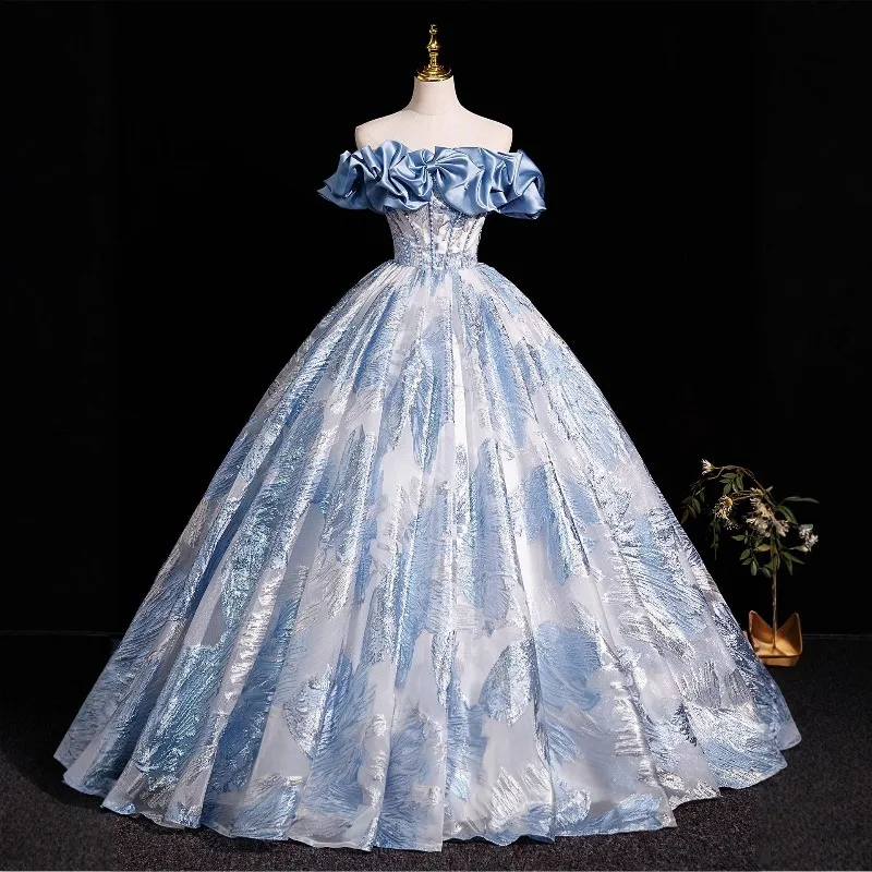 

2026 New Blue One Shoulder Printed Strapless Evening Dress Fashionable Slimming Art Exam Back Strap Dress Adult Dress