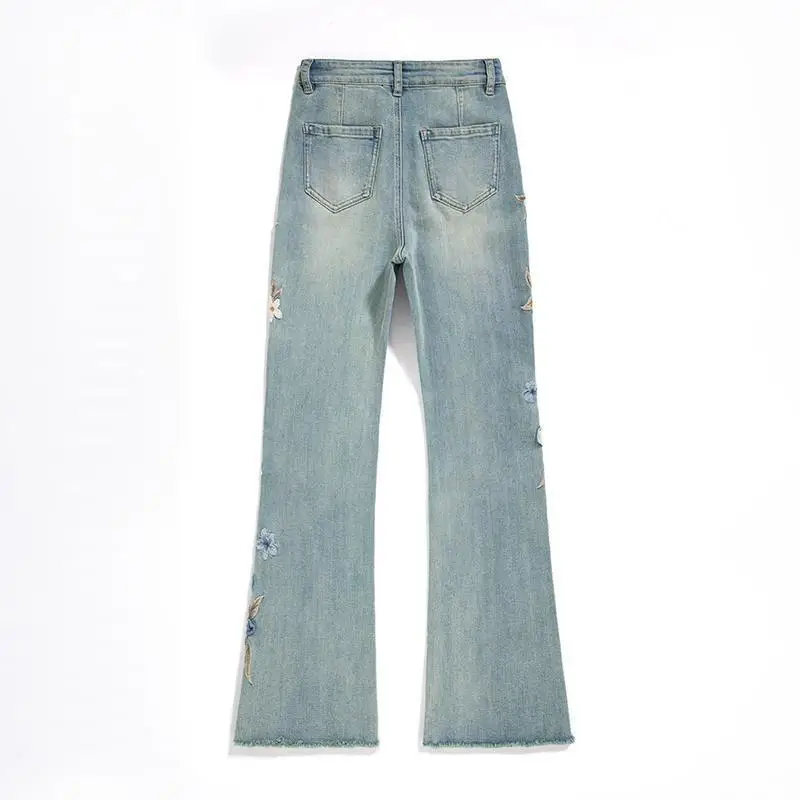 Lente Zomer Nieuwe Kant Bloemvormige Zware Geborduurde Jeans Dames Hoge Taille Wijde Pijpen Broek Losse Denim Rechte Pijpen Broek