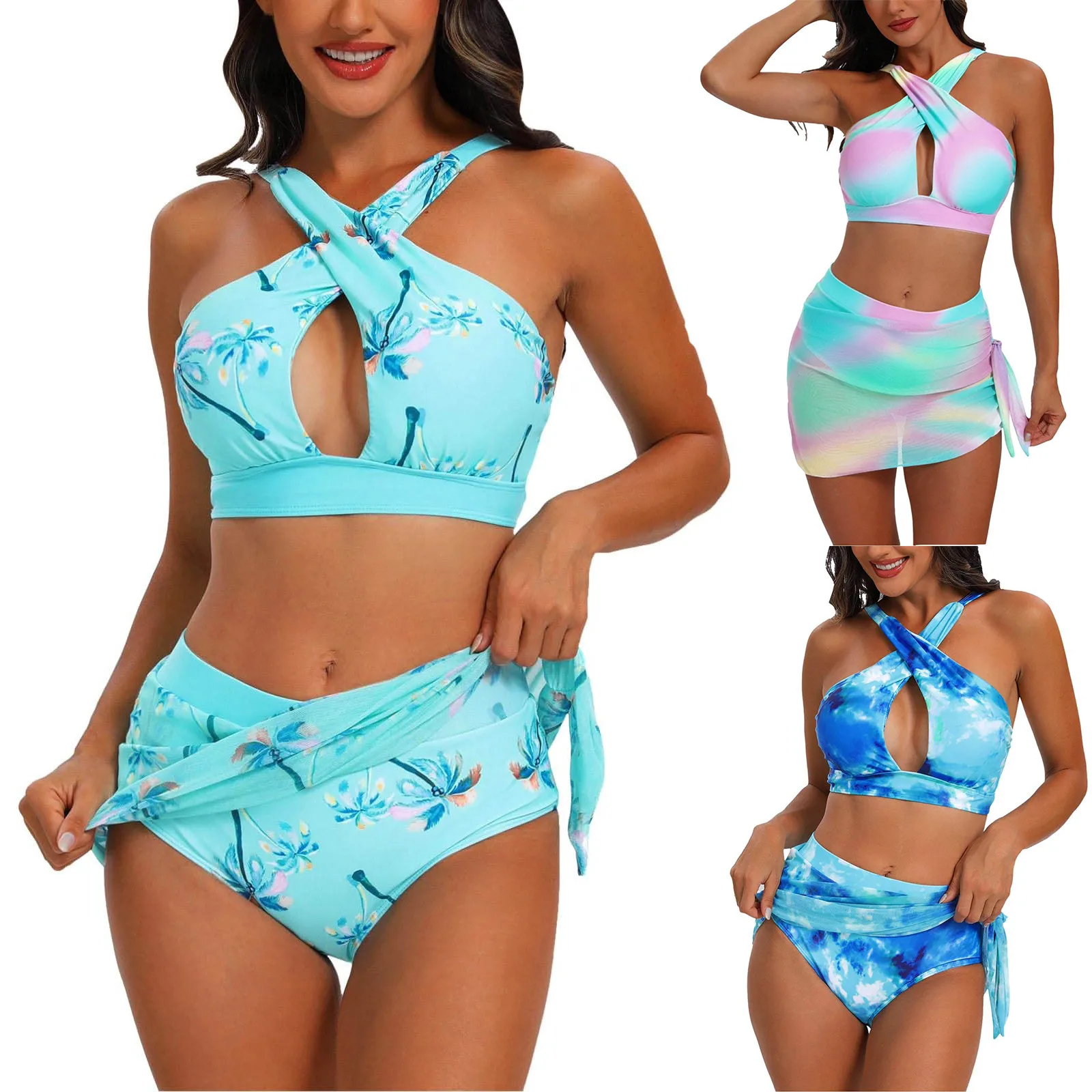 Ensemble de bikini imprimé patchwork pour femme, maillots de bain licou croisé, couverture de maillot de bain sexy, maillots de bain trempés, 3 pièces, 2024