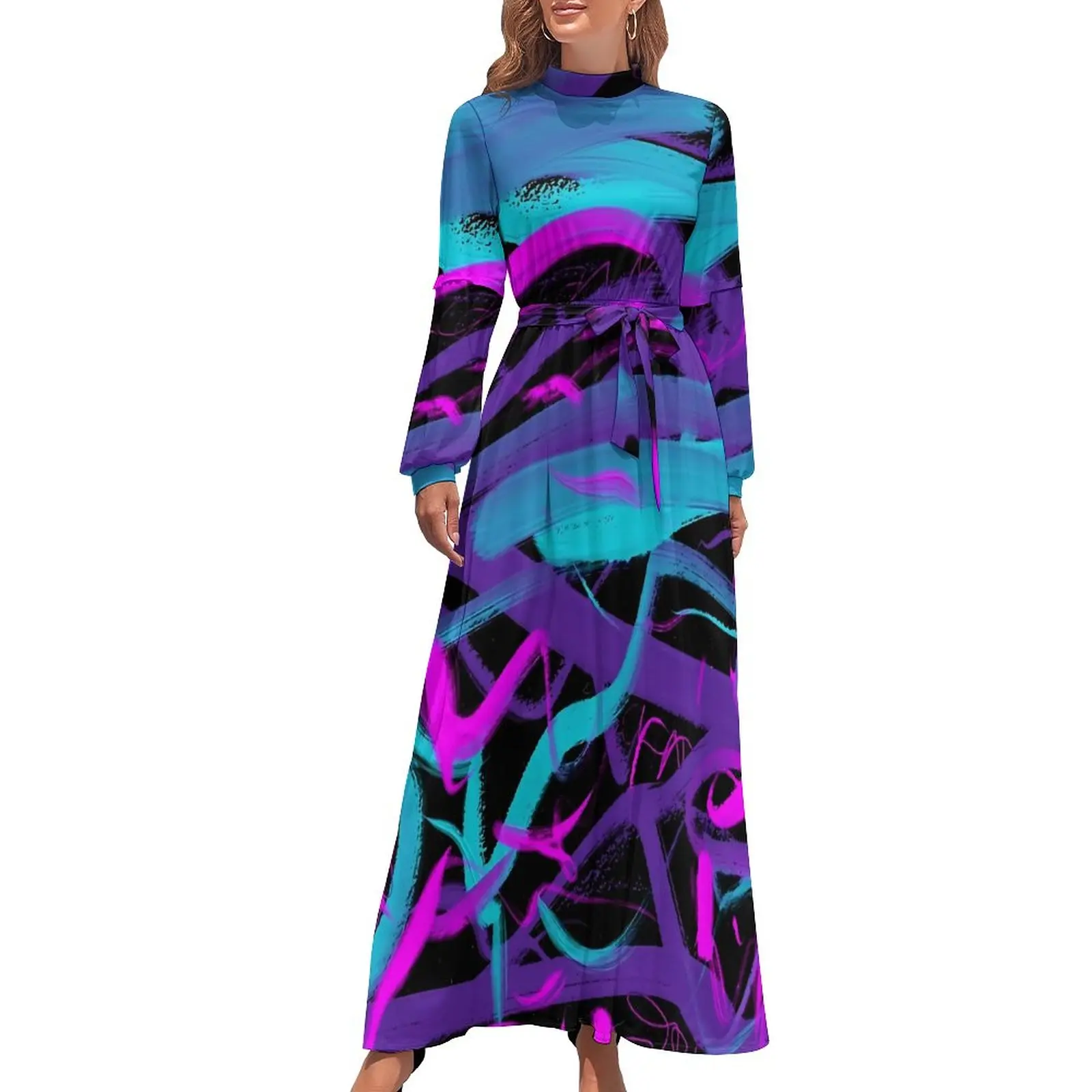 Neon Brush Print Dress Abstract Art Cute Graphic Maxi Dress High Waist Long Sleeve Stylish Boho Beach Long Dresses