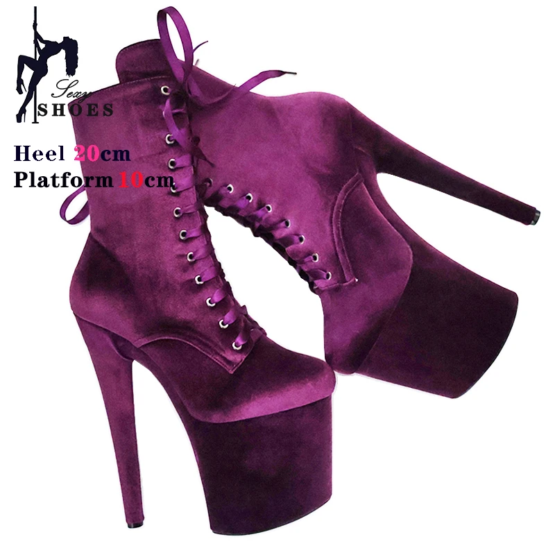 Ankle Boots For Women 20CM Extreme High Heels Platform Round Toe Zip Party Club Shoes Flock Color Stiletto Boots Large Size Shoe