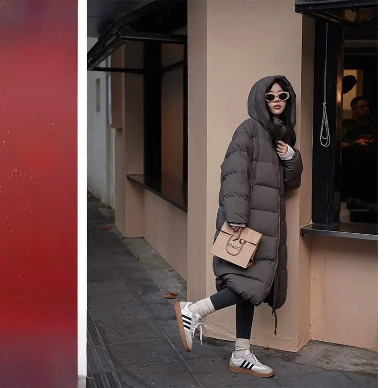 

Длинное белое пуховое пальто Bellova с капюшоном, свободного кроя, в корейском стиле, для женщин, зимнее, теплое, верхняя одежда