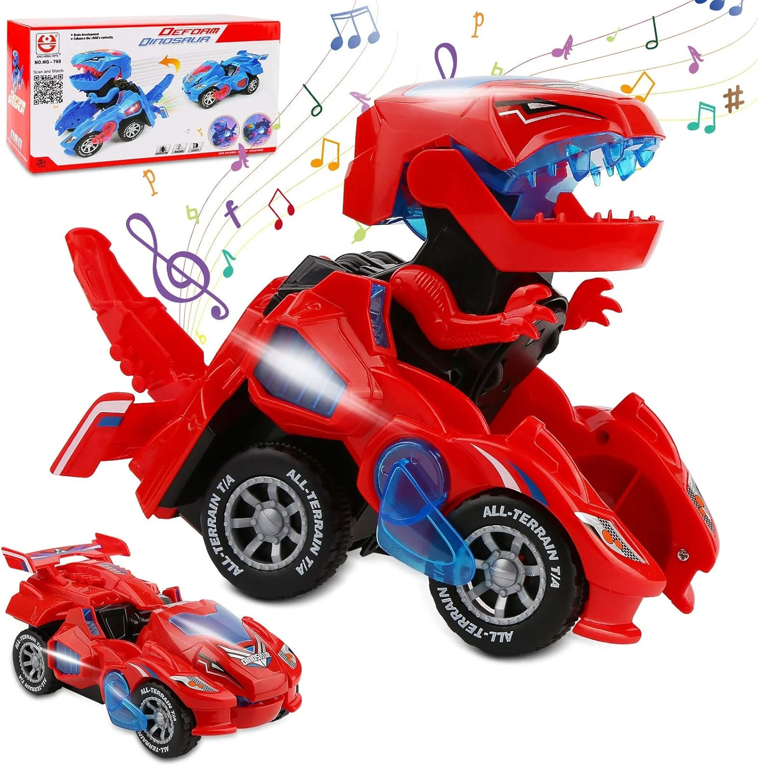Auto Transforming Dinosaur Car Toy with Light & Music, 2-in-1 Dino Robot Vehicle, Automatic Deformation Toy for Kids Boys Gift