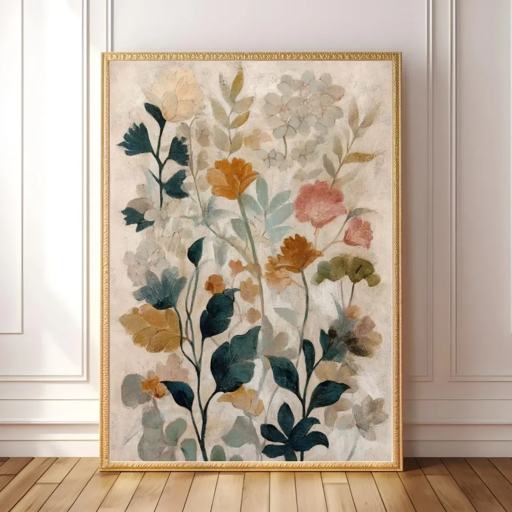 Vintage-style Floral Wall Art, Printable Earth-Toned Floral Patterns | Bohemian Pastoral Style Decoration, Canvas Material.2027