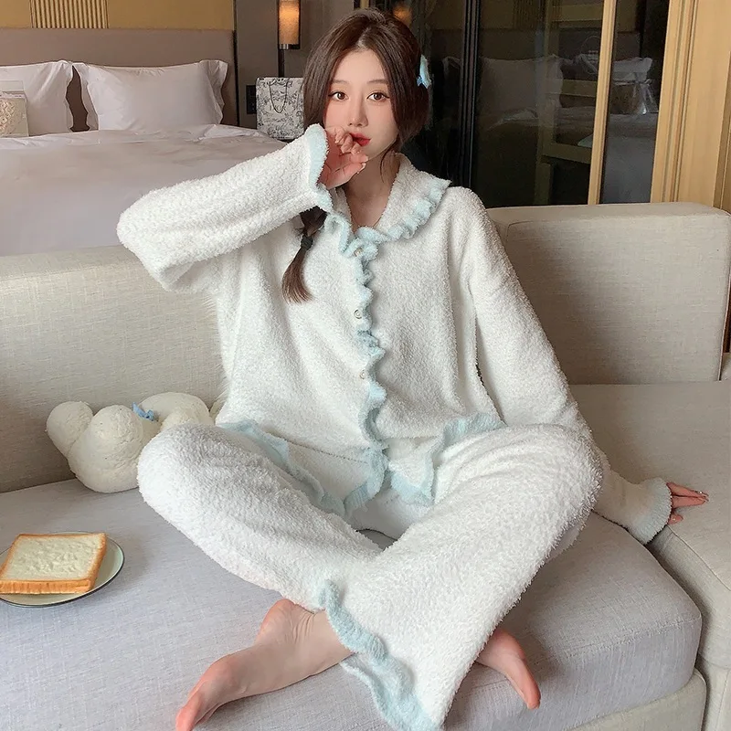 Ruffle Edge Lapel Cardigan Pajamas Women's Autumn And Winter New Soft Comfortable Plush Thick Insulation Home Clothing Suit