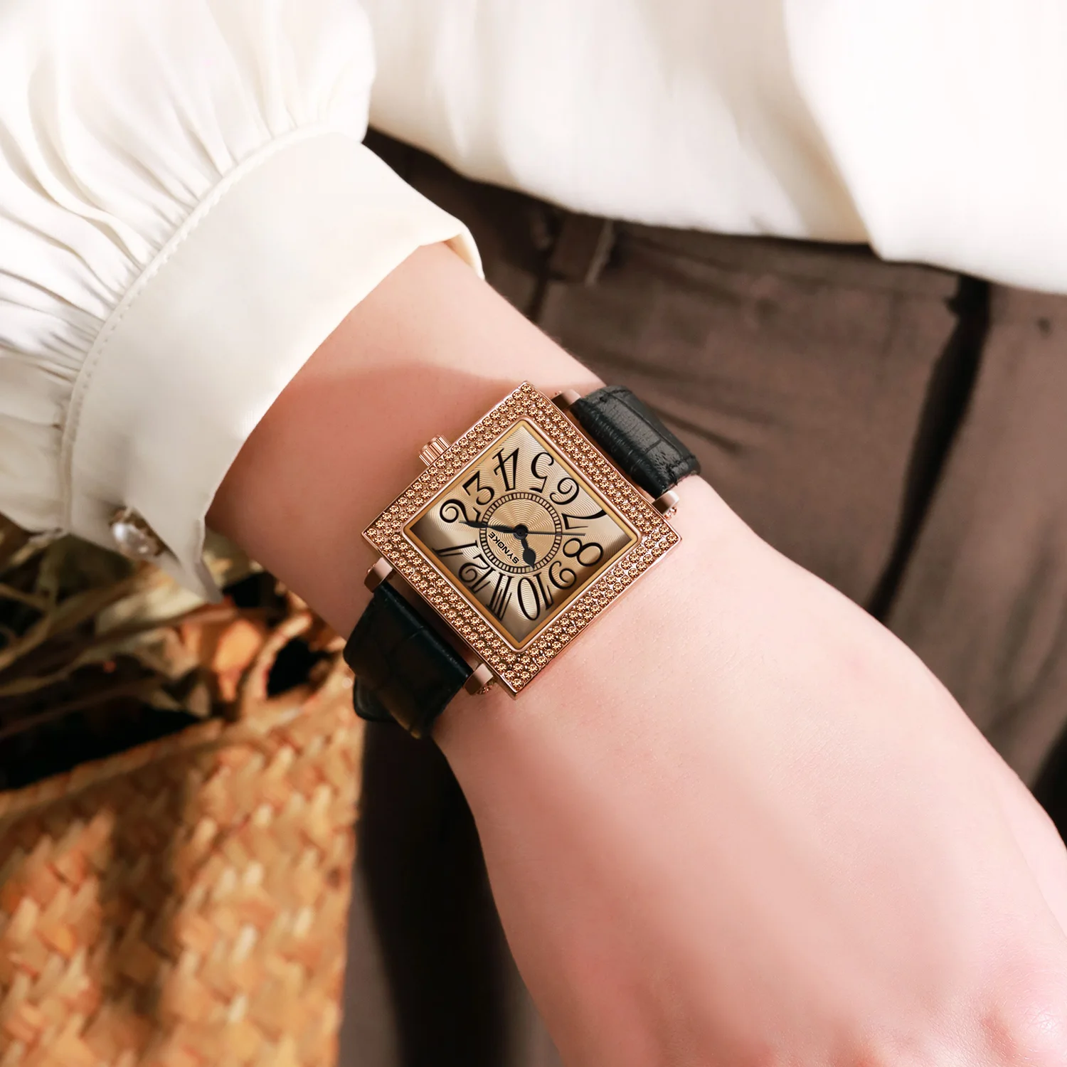 Relojes de esfera con números árabes para mujer, reloj de pulsera de cuero de cuarzo, reloj de lujo para mujer