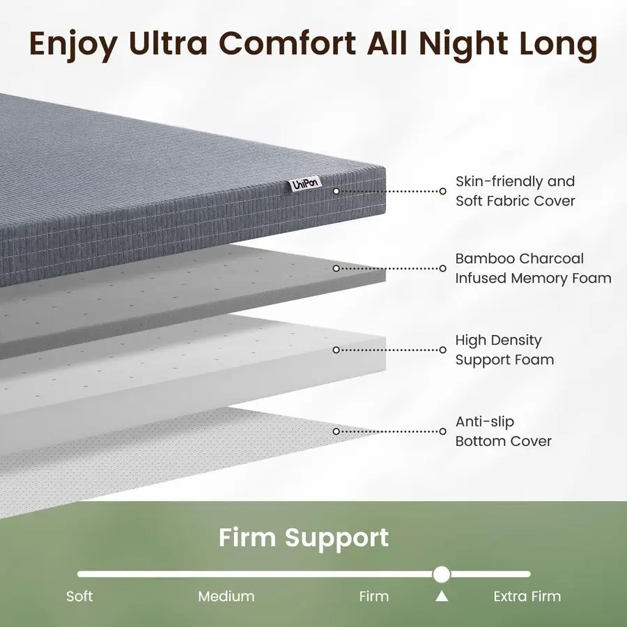 Mattress Topper King, 4 Inch CharcoalInfused Extra Firm Memory Foam Bed Topper for Back Pain Relief and Spinal Alignment, DualSi