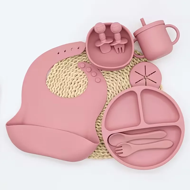 10Pcs Baby Silicone Tableware Set, All-in-One Suction Silicone Bowl Plate Spoon & Fork for Toddlers, Available in Blue or Pink