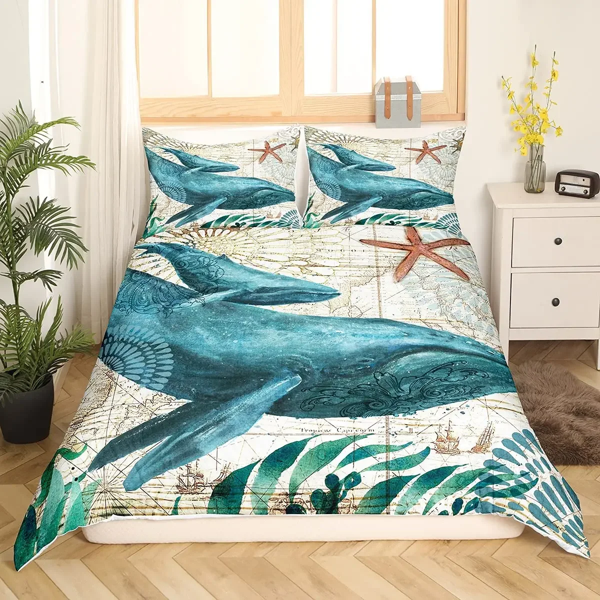 3D Whale King Queen Duvet Cover Marine Life Bedding Set Teal Sea Animal Quilt Cover Ocean Nautical Polyester Comforter Cover