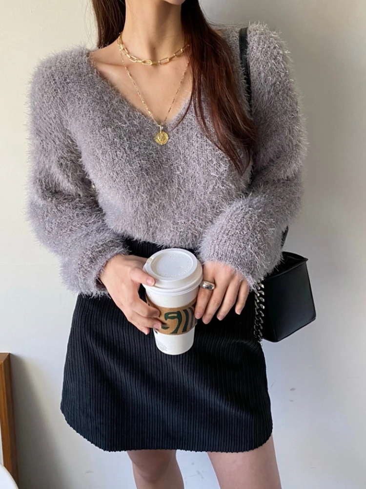 White Mohair Sexy V-neck Sweater Autumn Winter Sweet Fashion Long Sleeve Casual Solid Color Pullover pull femme Pink Gray Blue