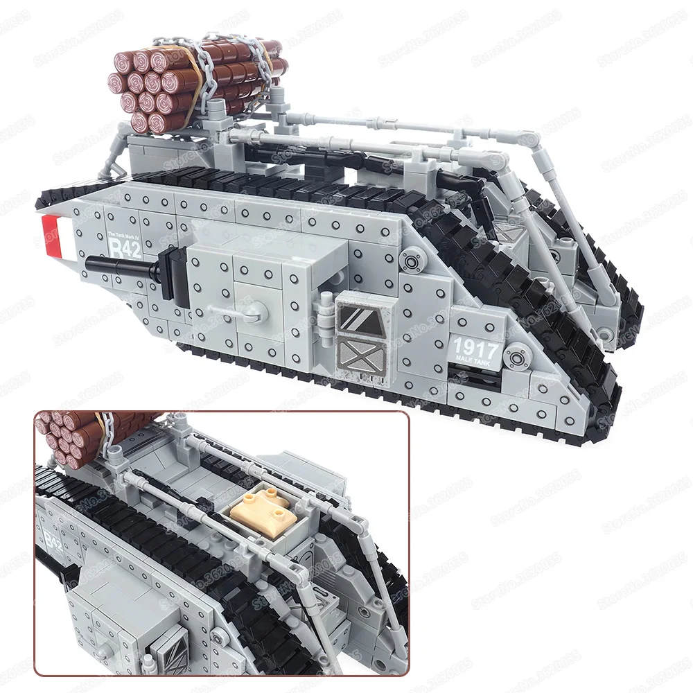 Military WW1 U.K. Mark Type Iv Tank Building Block Assembled Weapons Battlefield Originator Figures Trench Model Child Gift Toys