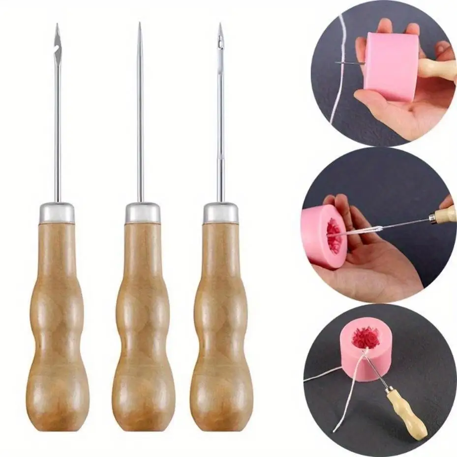 Wooden Handle Leather Awl Set Straight Bent And Center Hole Awls For Leather Craft Sewing Shoe Repair Punching Tool Kit