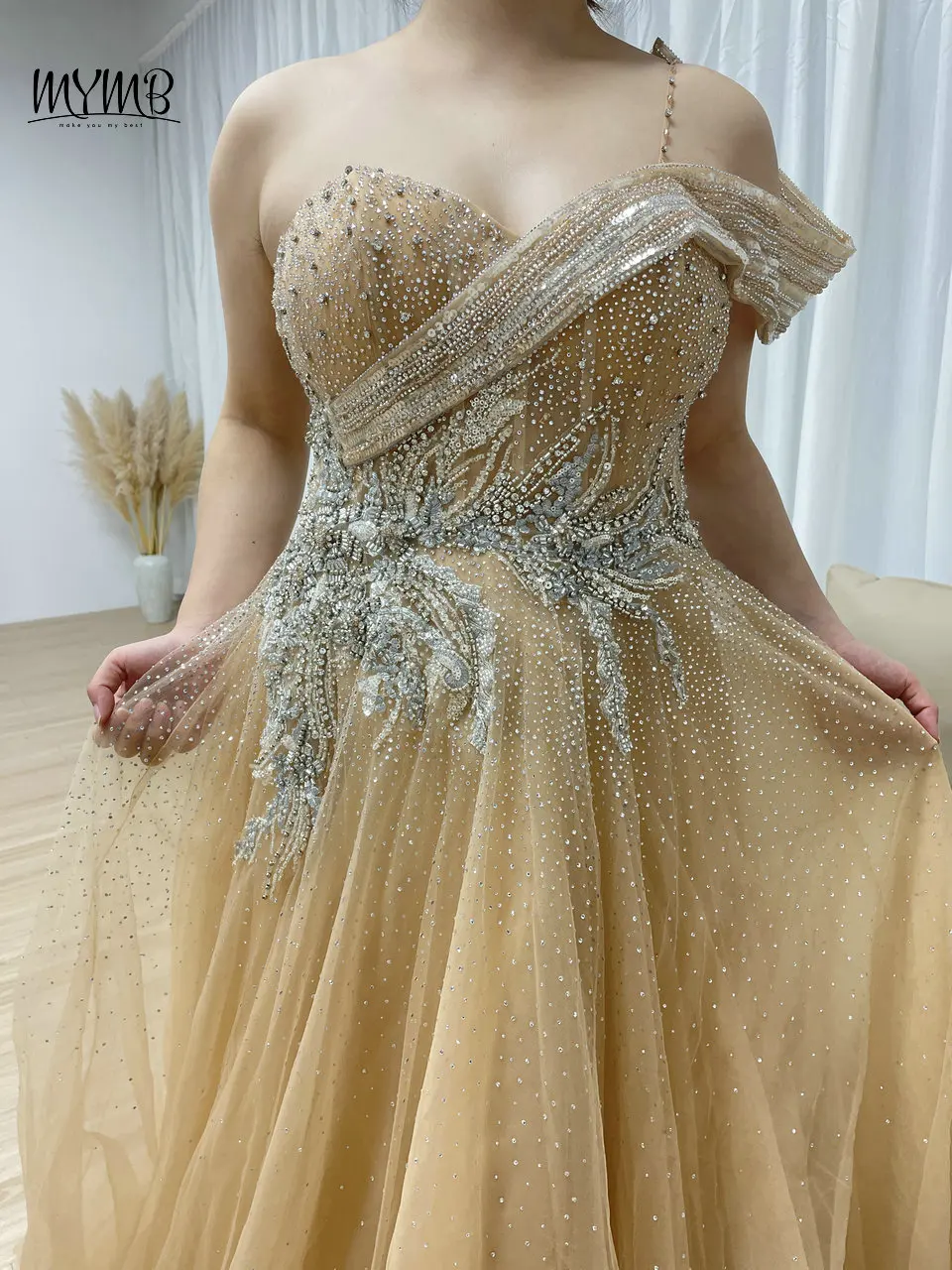 MYMB Exclusive Slip Off Shoulder Customized Girls Birthday Party Dresses Luxury Beaded A-Line Puffy Evening Prom Gowns MB40287