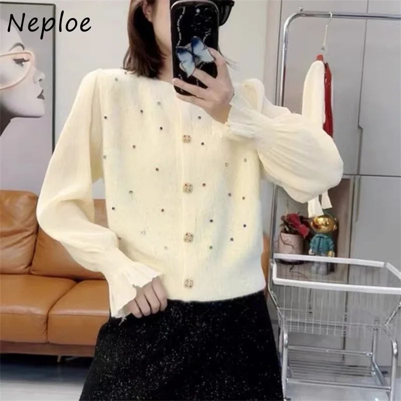 Neploe Korean Gentle Style Splicing Yarn Sleeve O-Neck Cardigan 2024 Autumn Winter Femme Sweet Nail Bead Knitted Sweater Coats