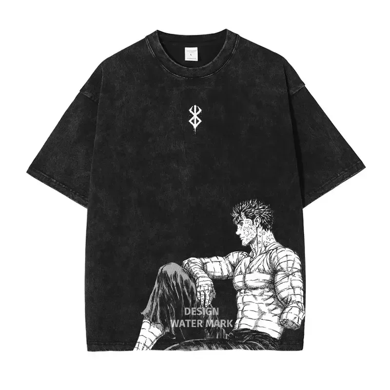 

Японская классическая футболка с графическим принтом в стиле аниме, футболки с периферийными устройствами «Manga Berserks», топ Guts Griffith, винтажная стираная футболка