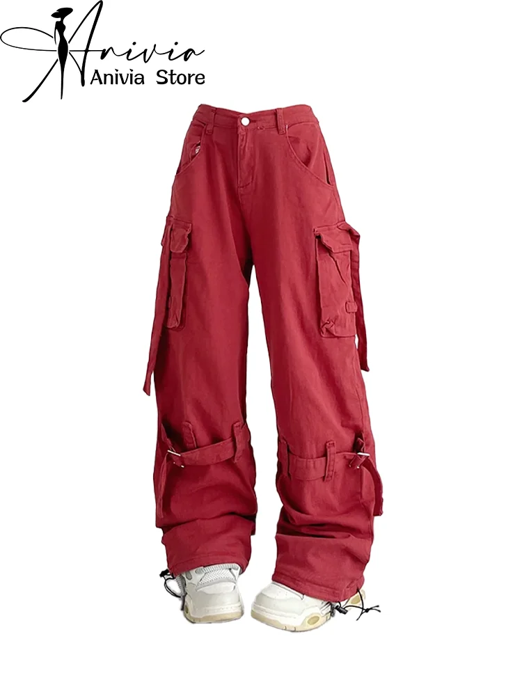 Women's Red Cargo Pants Baggy Streetwear Harajuku Japanese 2000s Style Pants Y2k Parachute Pants Vintage Trousers Clothes 2024