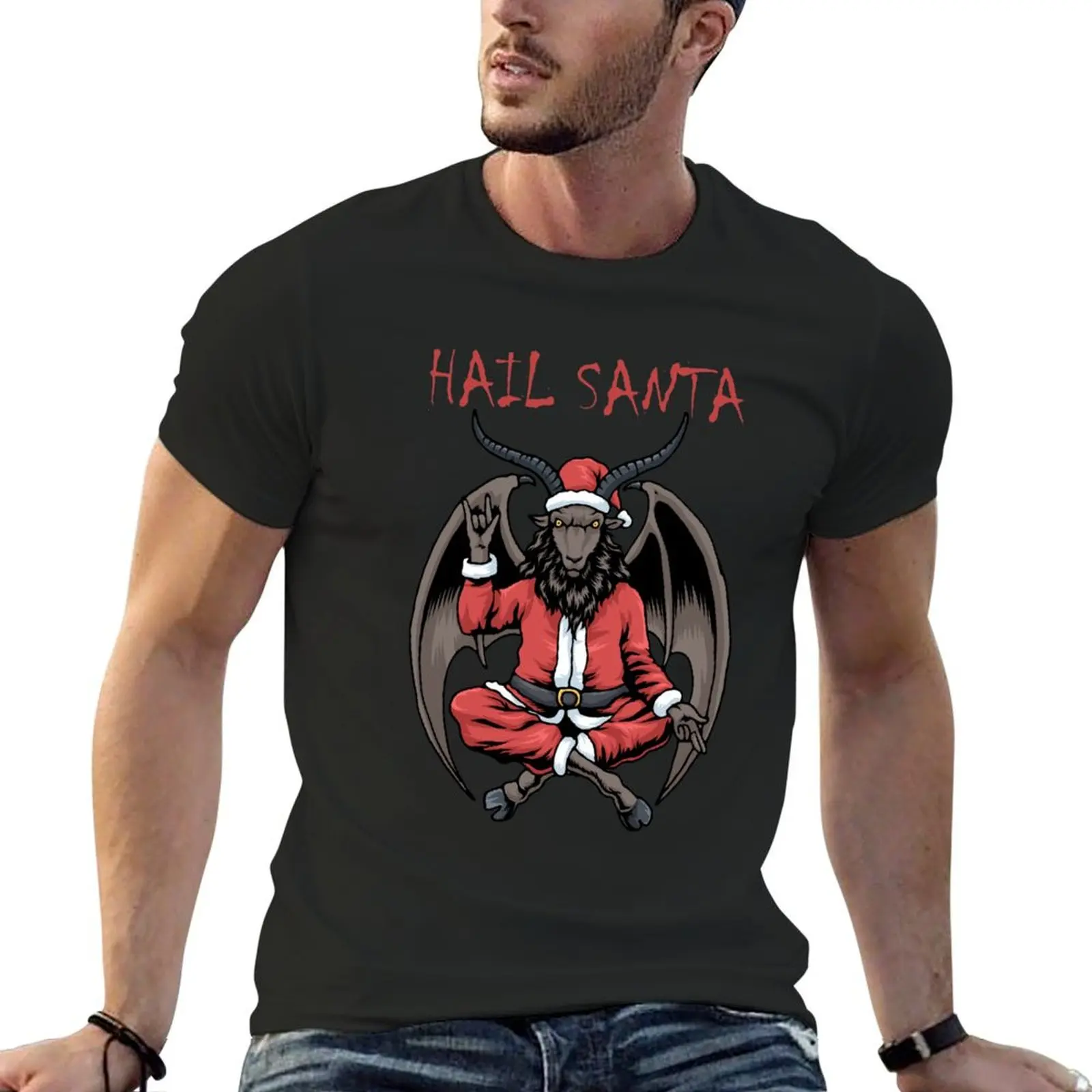 

Christmas Hail Santa Satanism Goat Baphomet Atheist Satan T-Shirt quick-drying oversized graphic tee shirt men