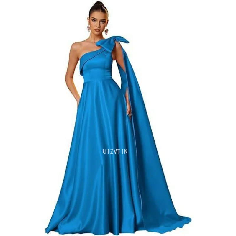 Elegant Bow Tied Ball Gowns Women One Shoulder Satin Prom Dresses Long Strapless Formal Evening A Line Corset Party Gown Robe
