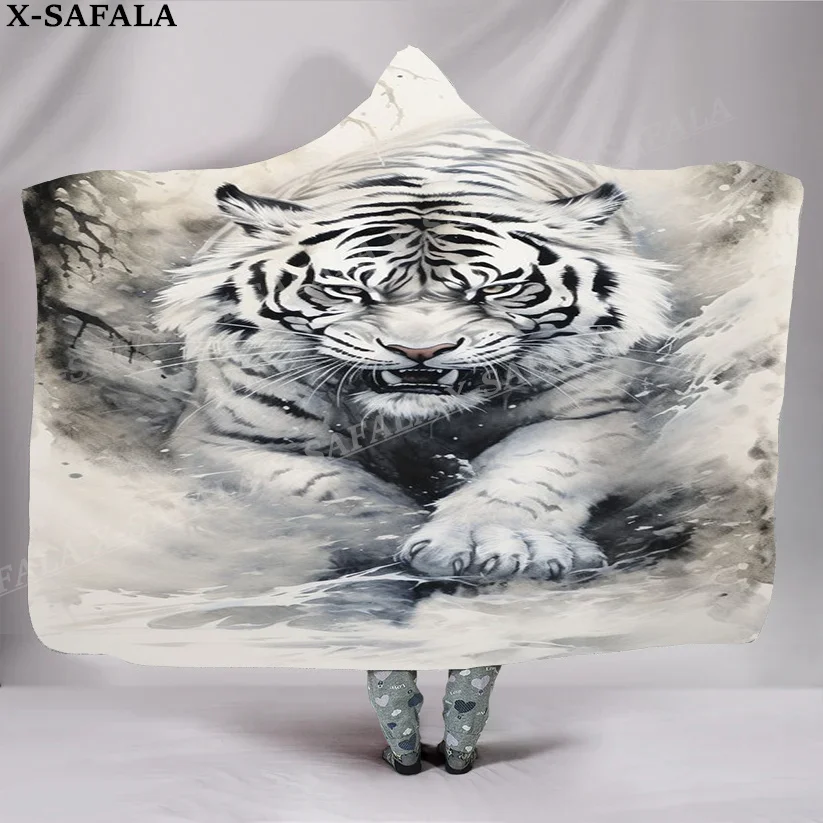 

The King White Tiger Skin Myth 3D Print Overcoat Hooded Blanket Coat Robe Fleece Men Women Cloak Thick Warm Windproof Wearable-1