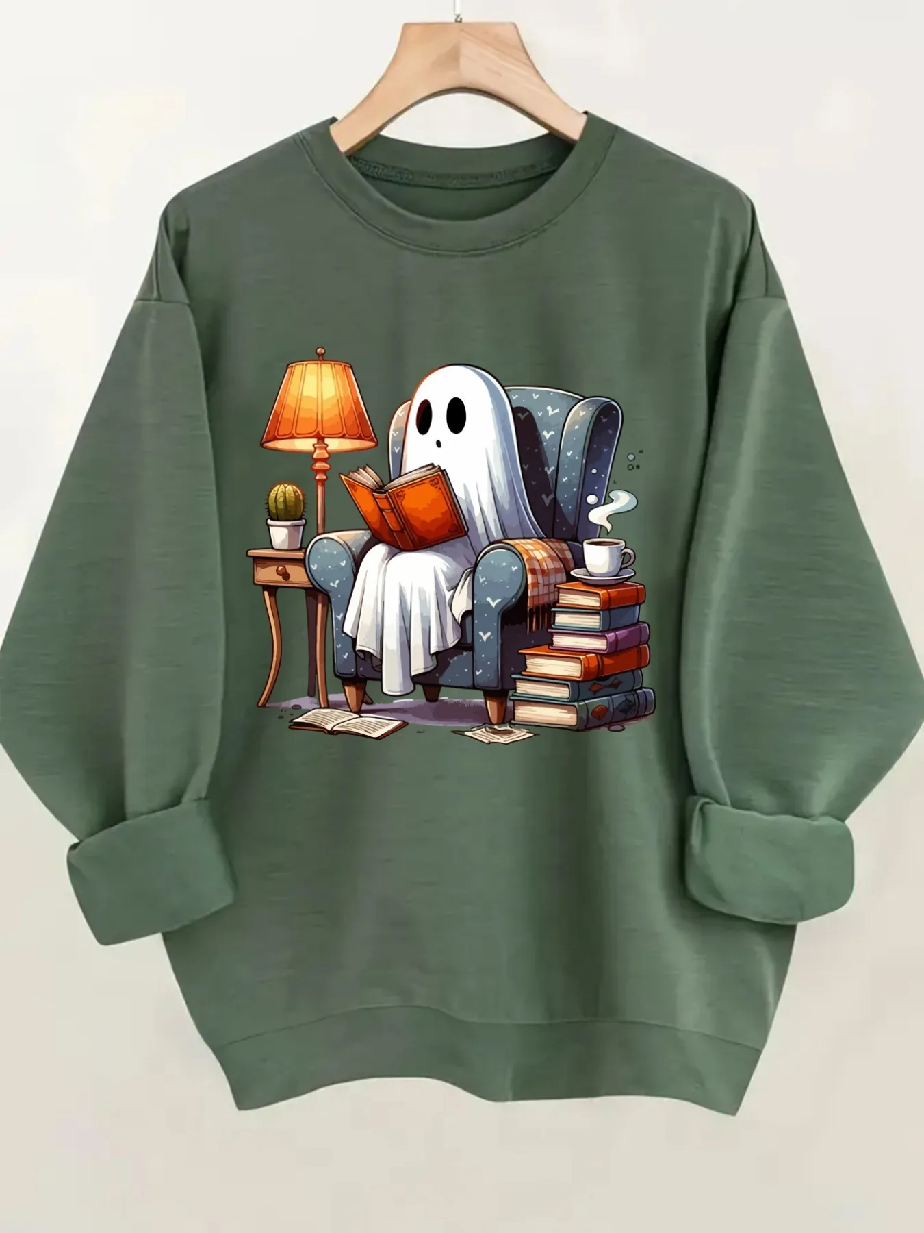 Women's Crew Neck Pullover Sweatshirt Ghost Reading Book Design, Soft Casual Long Sleeve, Daily Casual Top Outfit, Winter Women's Clothing, Halloween Costume Outfit