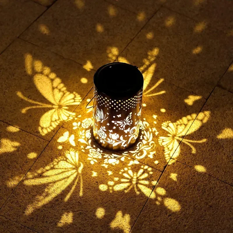 New Barrel Butterfly Lamp Wrought Iron Hollow Pattern Ambient Light Outdoor Garden Lawn Solar Lighting