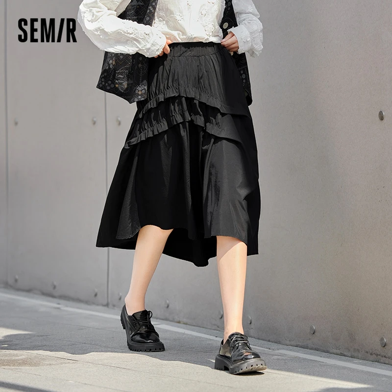 Semir Skirt Women Black Irregular Solid Umbrella Skirt 2024 Summer New Loose Fungus Edge Midi Skirt Elegant